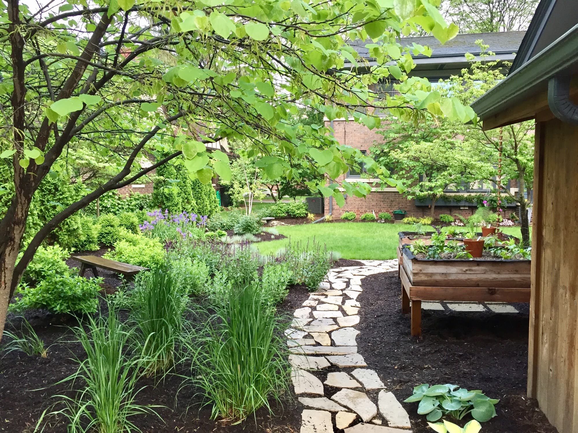 Cheminement en pierres naturelles posé dans un jardin déjà planté, avec la bordure qui tient les rives.