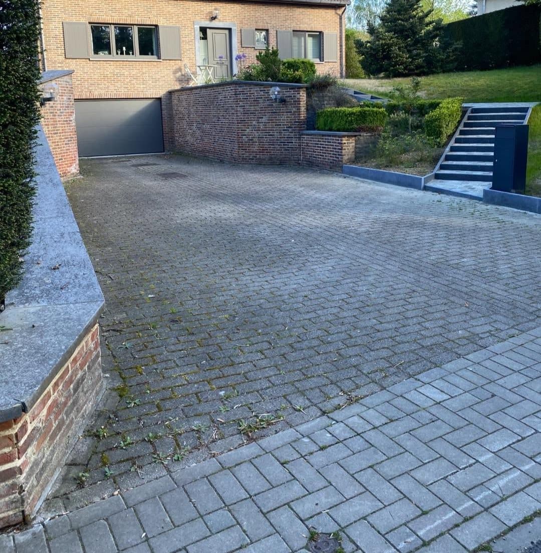 Une allée mangée par la mousse, repavée en pierre naturelle — avant les travaux